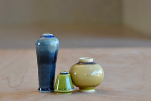 Miniature Hand Thrown Ceramic Vase Trio "L" in Blue Green, Green and Yellow by Yuta Segawa.