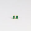 Front view of Elongated Emerald stud earrings with Zambian stone and bezel set in satin finish 14k yellow gold with post closure.