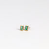Side view of Elongated Emerald stud earrings with Zambian stone and bezel set in satin finish 14k yellow gold with post closure.