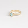 Side view of Blue Zircon Open Basket Signet on Ridged Band by Elizabeth Street Jewelry.