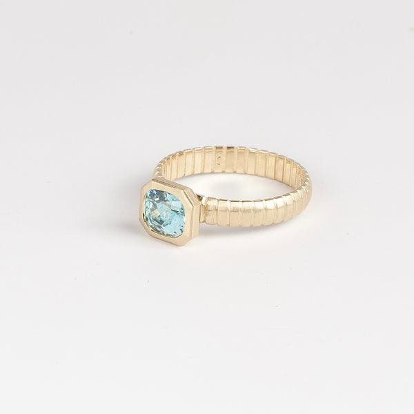 Side view of Blue Zircon Open Basket Signet on Ridged Band by Elizabeth Street Jewelry.