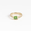Tsavorite Open Basket Signet on Ridged Band by Elizabeth Street Jewelry in size 6.5 is a one of a kind and oval cut tsavorite on a ridged band in 14k gold. Handmade in Los Angeles.