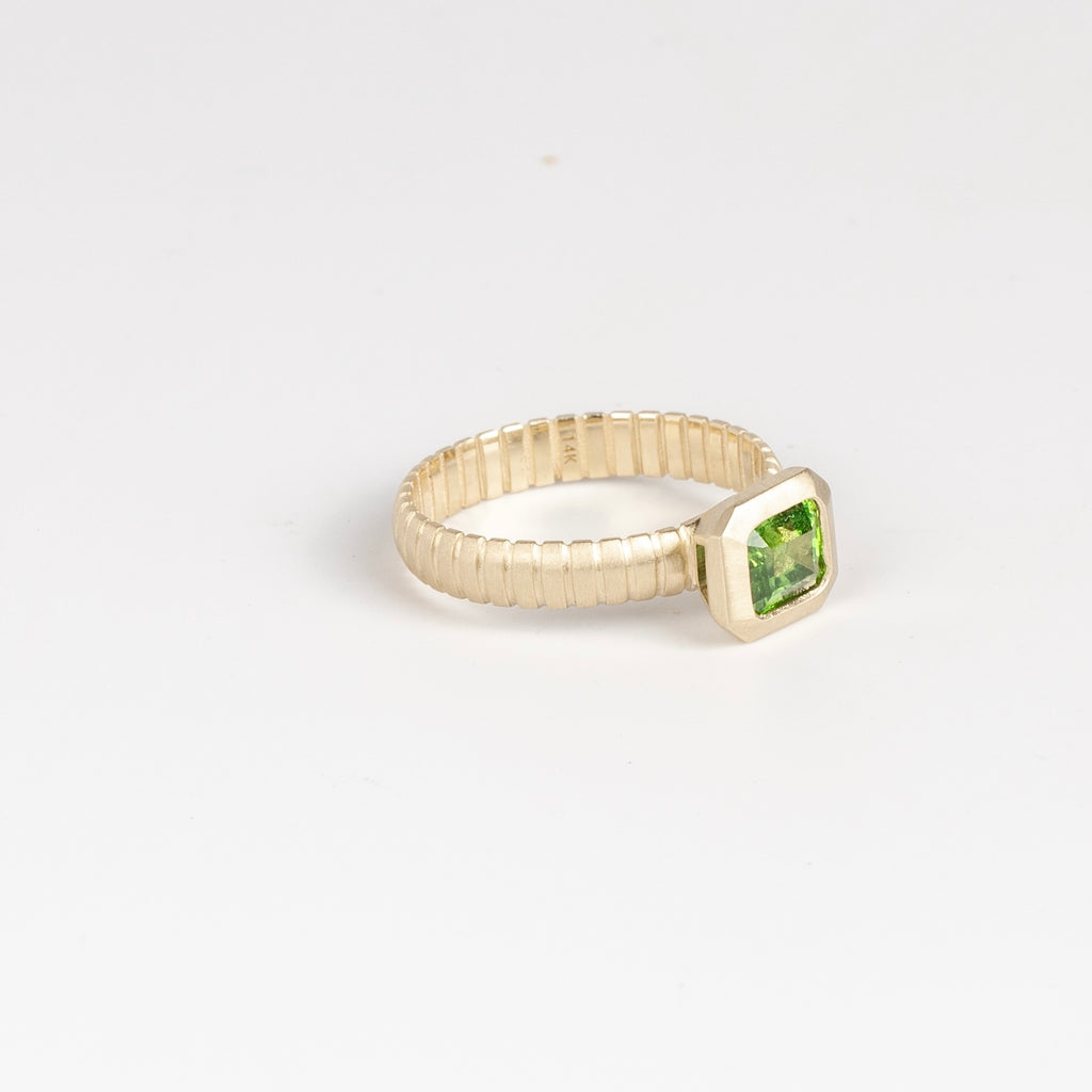 Side view of Tsavorite Open Basket Signet on Ridged Band by Elizabeth Street Jewelry in size 6.5