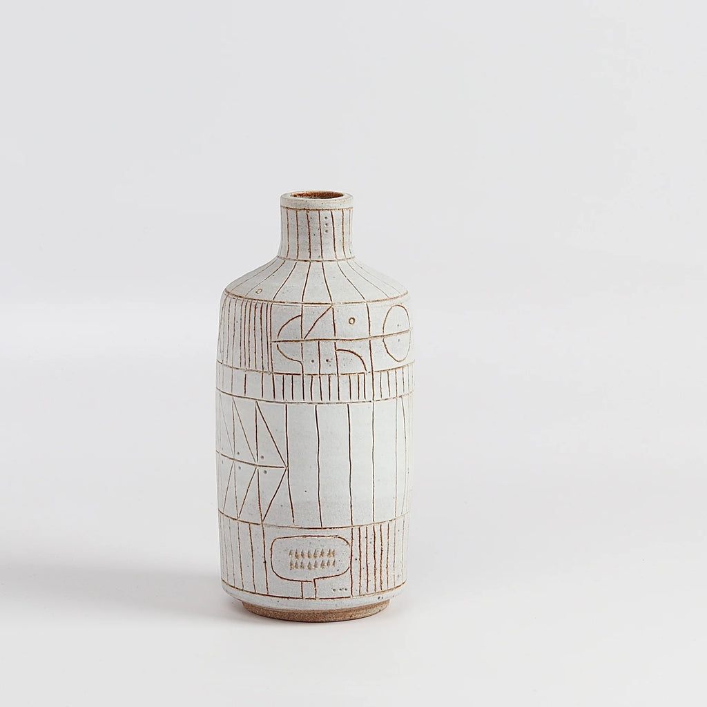 Alternate side of white "Scribe" vase by Heather Rosenman.