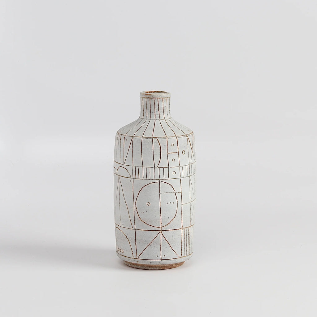 Hand thrown white clay vase 5950 with brown clay sgraffito "Scribe series" by Heather Rosenman on white background.