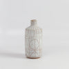 Hand thrown white clay vase 5950 with brown clay sgraffito "Scribe series" by Heather Rosenman on white background.