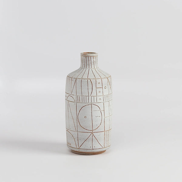 Hand thrown white clay vase 5950 with brown clay sgraffito "Scribe series" by Heather Rosenman on white background.