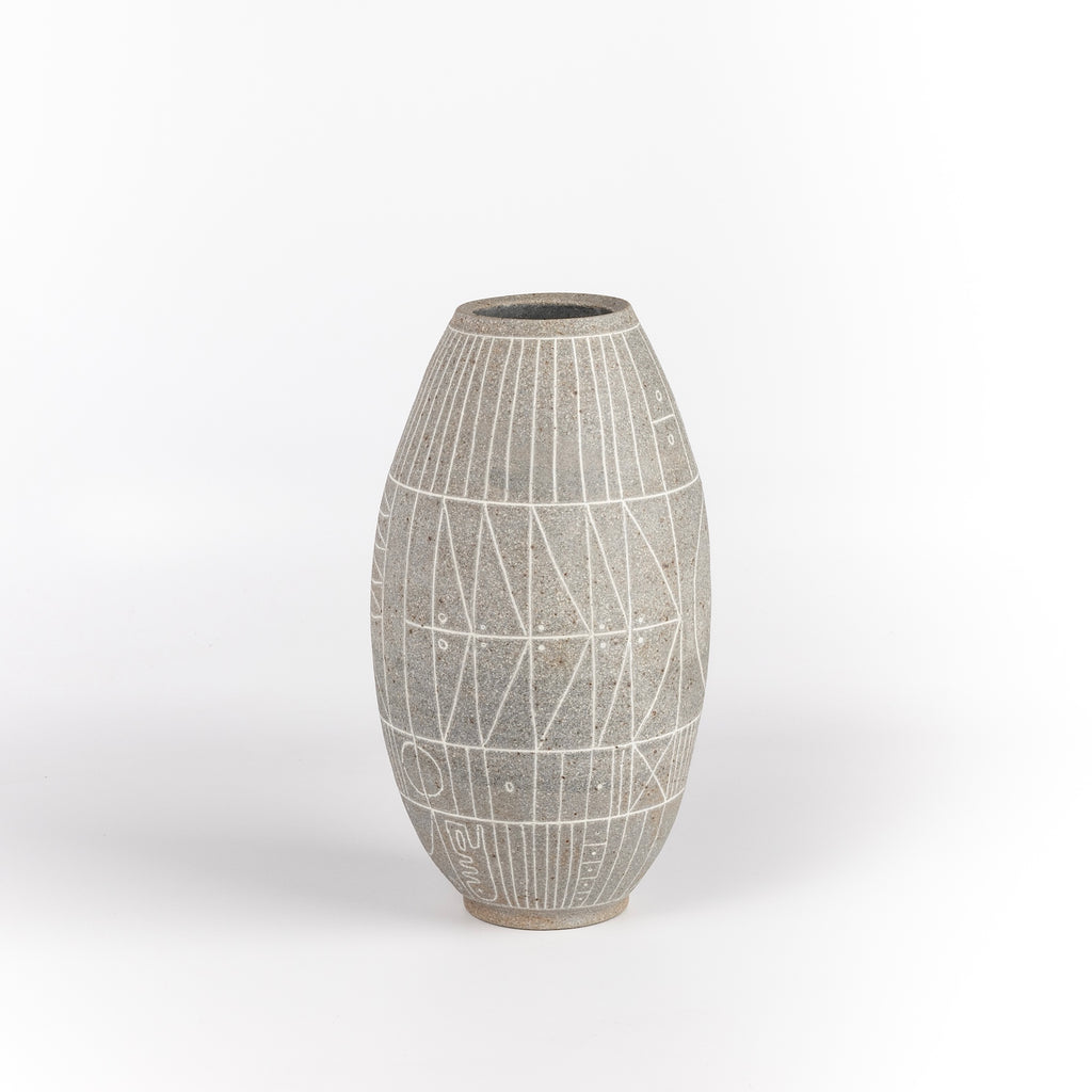 Alternate side of hand thrown gray grey clay vase with white  sgraffito "Scribe series" by Heather Rosenman.