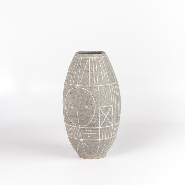 Hand thrown gray grey clay vase with white  sgraffito "Scribe series" by Heather Rosenman.