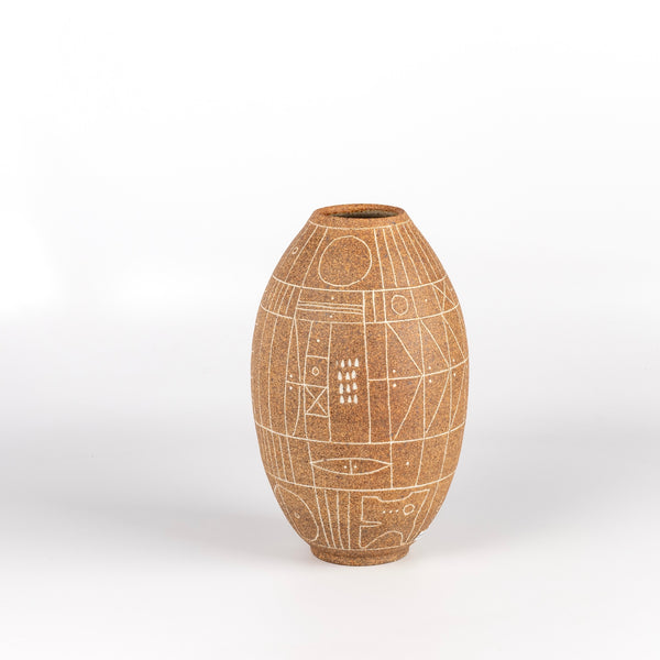 Hand thrown ceramic clay vase in Espresso with white sgraffito "Scribe series" by Heather Rosenman.