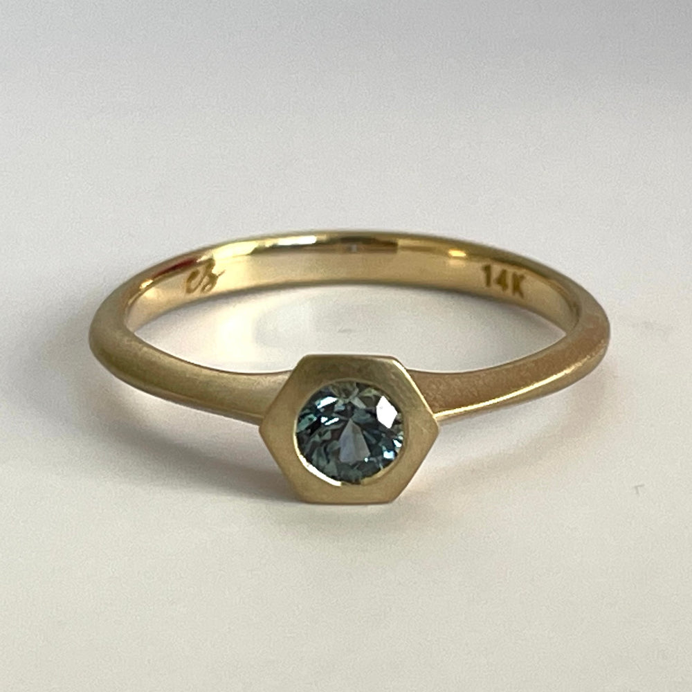 Petite Hexagon Sapphire Stacking band in teal by Elizabeth Street Jewelry.