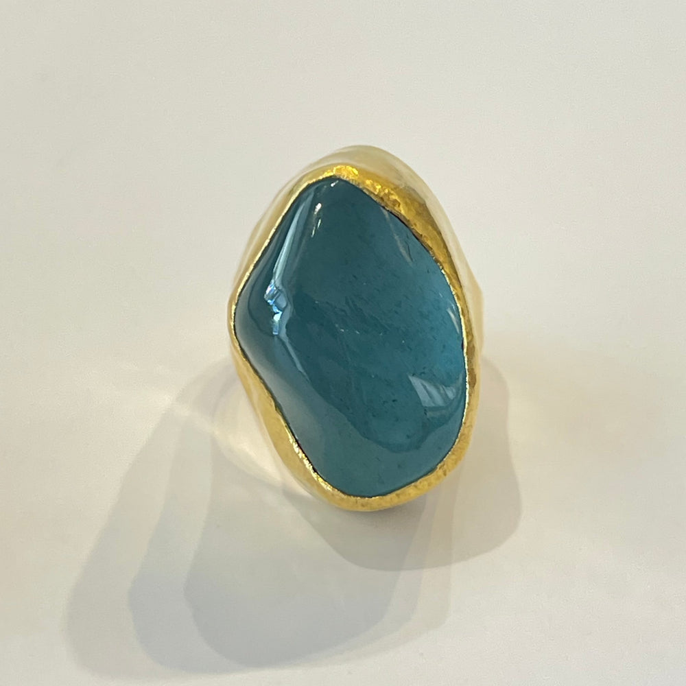 In store shot of Aquamarine Tibetan ring.