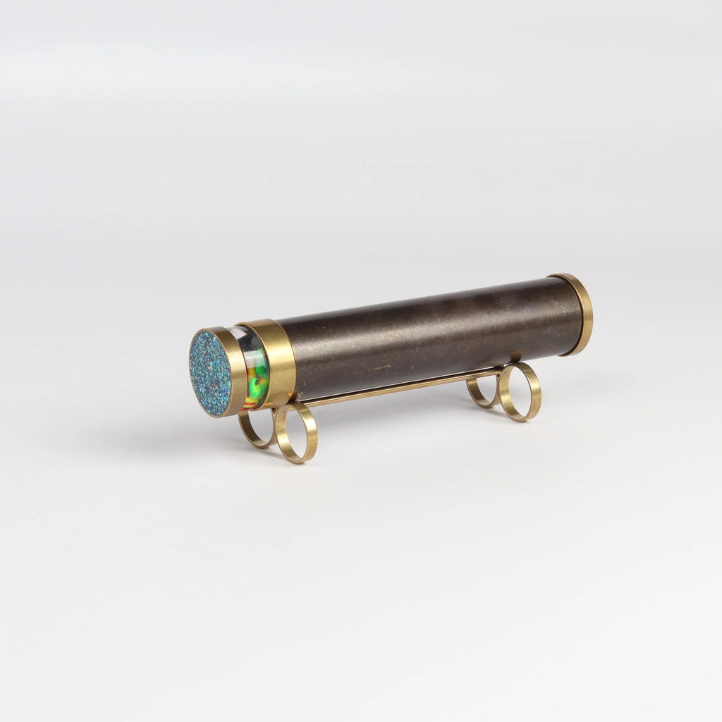 Other side of Medium kaeidoscope in brass with stand. Made in Israel.