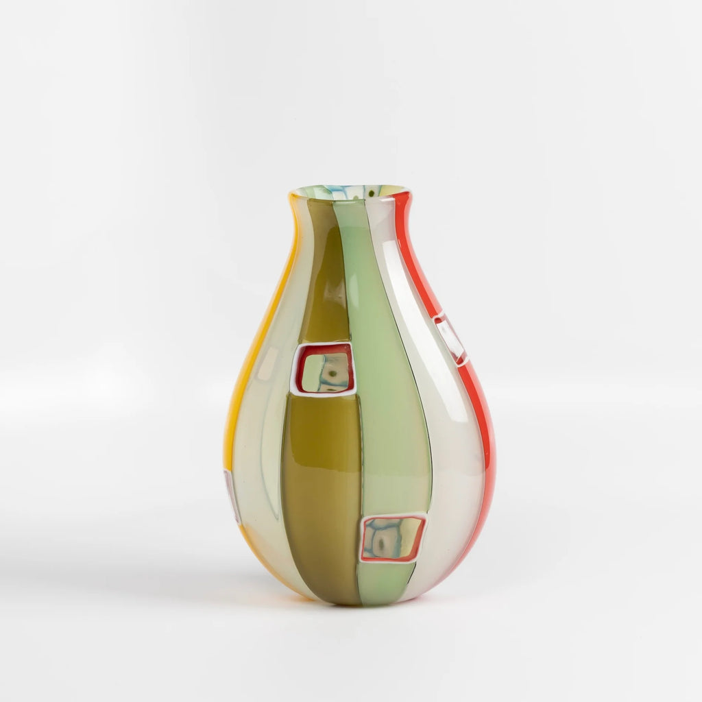 Robin Mix Medium Cane Vase Thaibo with Windows and Spots from Studio Glass Master Robin Mix comes this cane vase. His sensibilities come from his training in Scandinavia, but is produced using the most sophisticated and iconic of traditional modernist Italian techniques. 