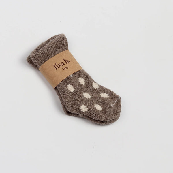 Lisa B baby socks in wool cashmere. They don't fall off.