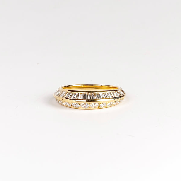 Baguette and Round Duo Tapered Crescent Band ring by Lizzie Mandler Jewelry is a tapered knife edge crescent band with one side of tapered baguette diamonds and one side of pave round diamonds and 18k yellow gold. Size 7 in stock. Handcrafted in Los Angeles.