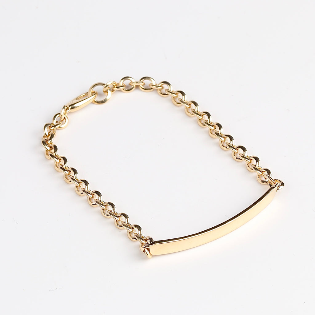 Petite ID Bracelet with Micro Chain in 18k yellow gold designed by Lizzie Mandler.