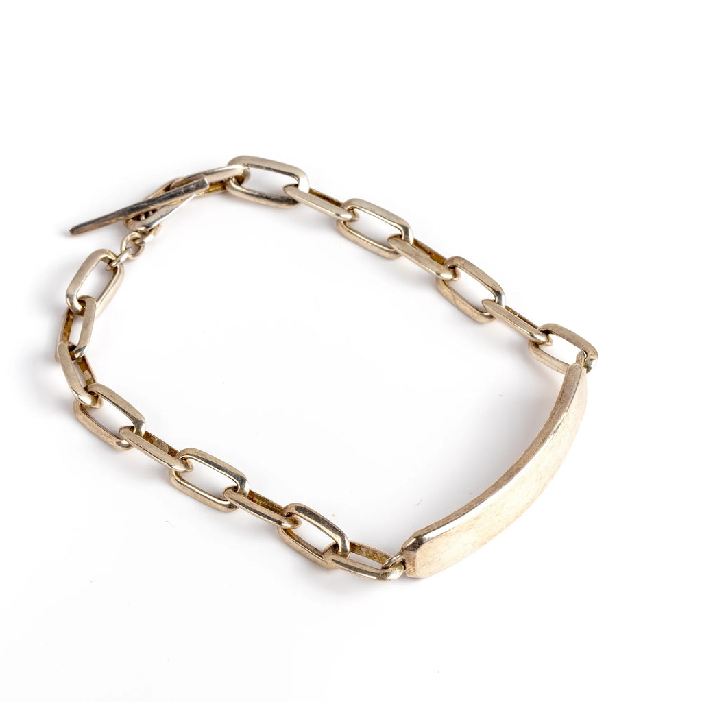 XL Cubby Knife Edge Link ID Bracelet in Silver by Lizzie Mandler for Men on white background.