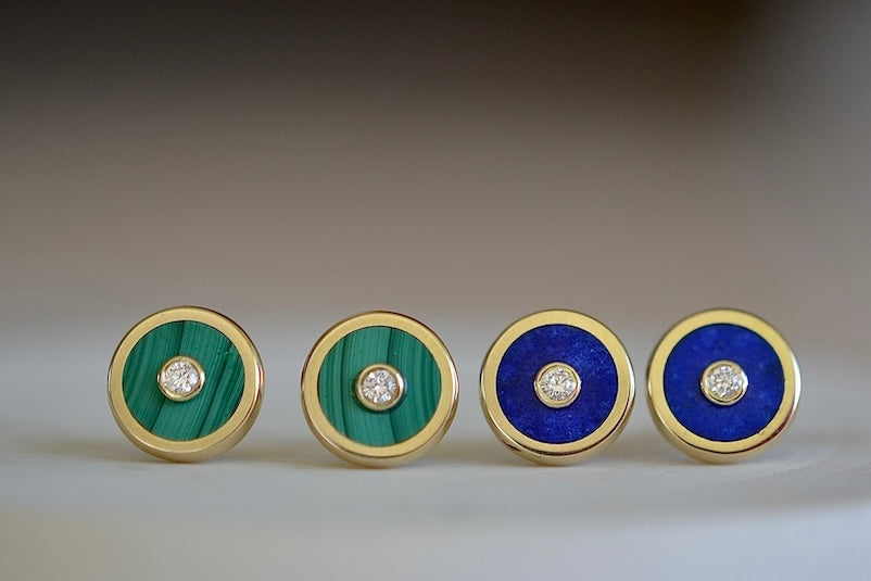 Two pairs of Retrouvai Stud (studs) Earrings with stone inlay and accent diamond in 14k yellow gold in Malachite and Lalpis Lazuli.