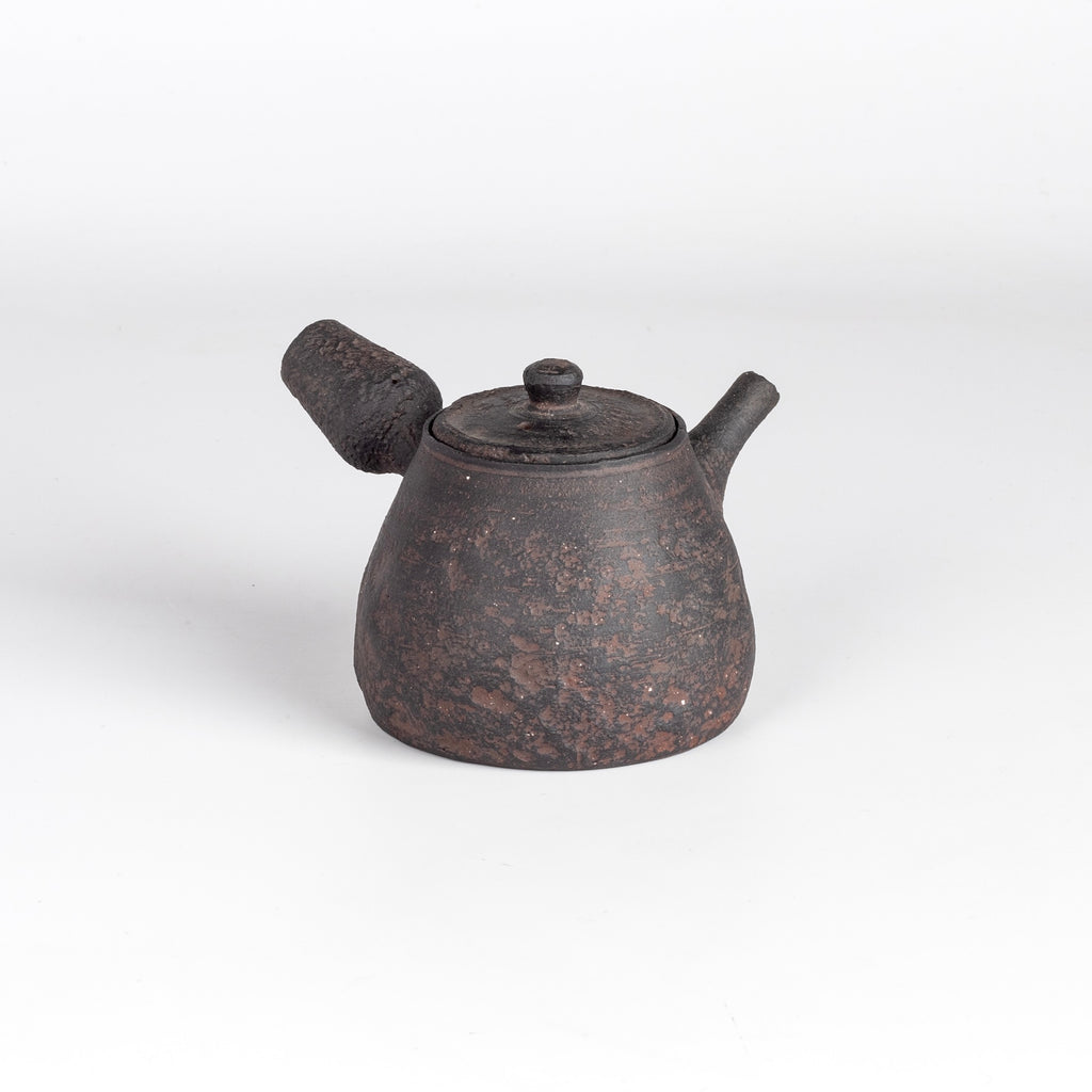 Back of dark brown Kyusu teapot D by Muzuri ware.