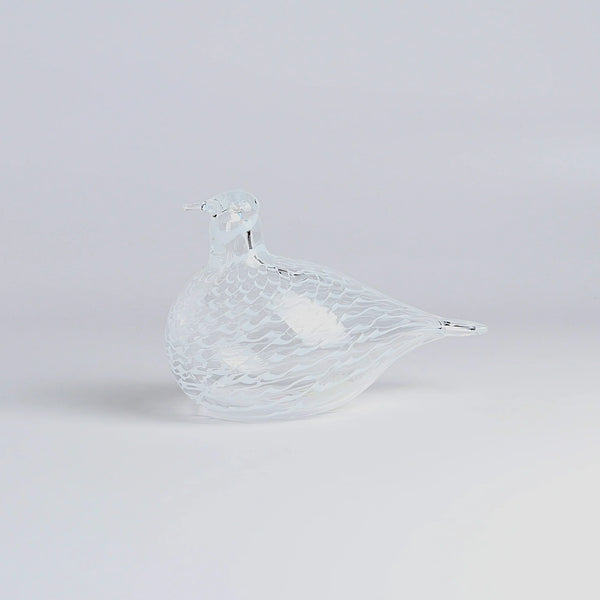 OIva Toikka Mediator Dove in clear glass with white pattern design from Iittala on white background.