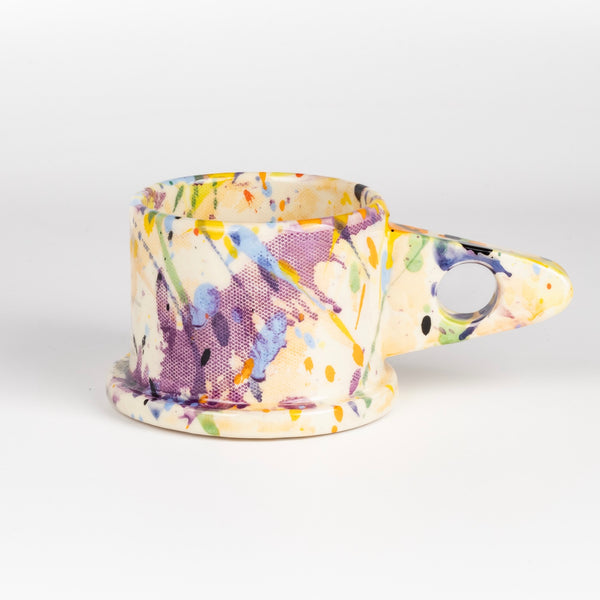 EXP Standard Splatter Mug in Purple Stripe with Yellow and Orange designed by Peter Shire for Echo Park Pottery.