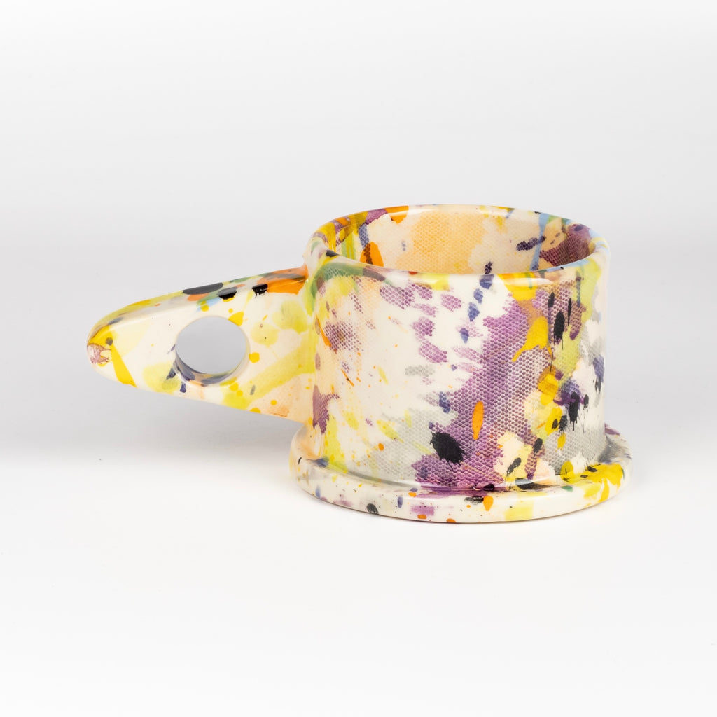 Other Side of EXP Standard Splatter Mug in Purple Stripe with Yellow and Orange designed by Peter Shire.