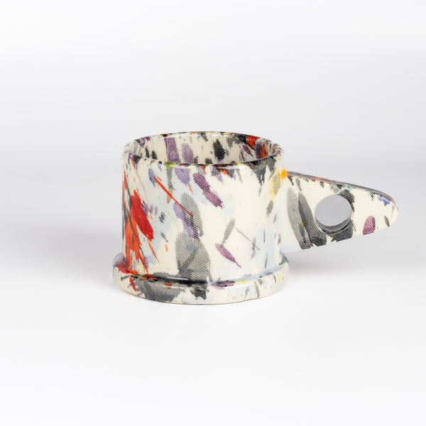 EXP Standard Splatter Mug in Black, Red, Orange and Purple designed by Peter Shire for Echo Park Pottery. 
