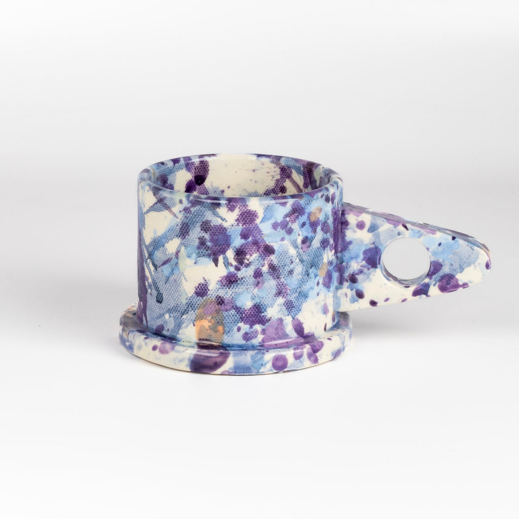 EXP Standard Splatter Mug in Purple and Blue with Peach Spot designed by Peter Shire for Echo Park Pottery.
