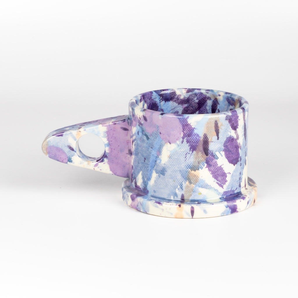 Other side of EXP Standard Splatter Mug in Purple and Blue with Peach Spot.