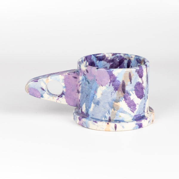Other side of EXP Standard Splatter Mug in Purple and Blue with Peach Spot.