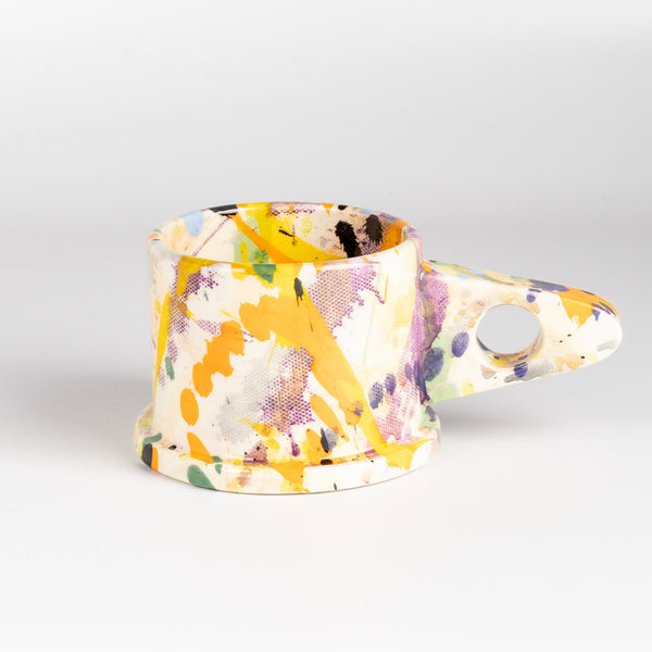 EXP Standard Splatter Mug in Purple Stripe with Yellow and Orange designed by Peter Shire for Echo Park Pottery.