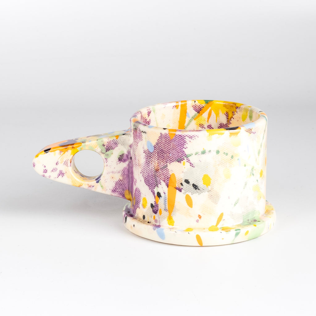 Other Side of EXP Standard Splatter Mug in Purple Stripe with Yellow and Orange designed by Peter Shire.