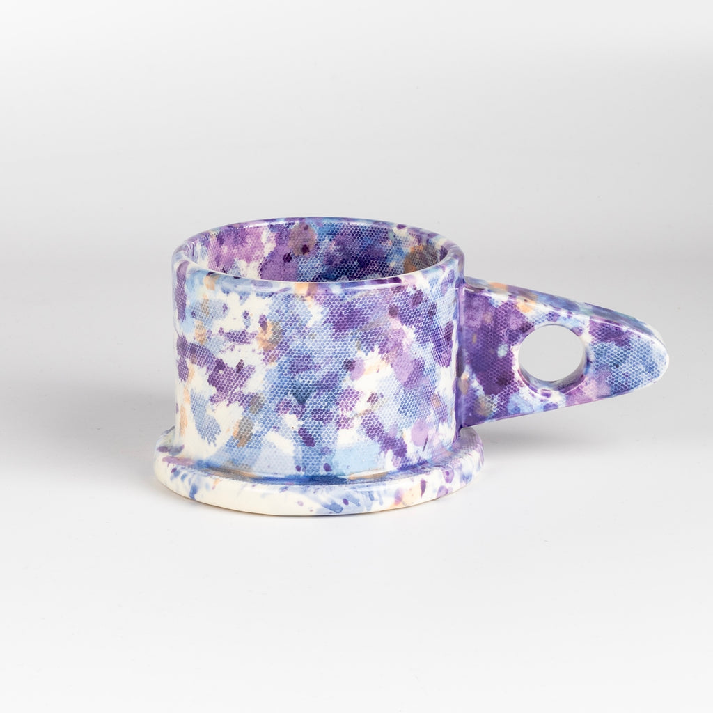 EXP Standard Splatter Mug in Purple and Blue with Peach Spot designed by Peter Shire for Echo Park Pottery.