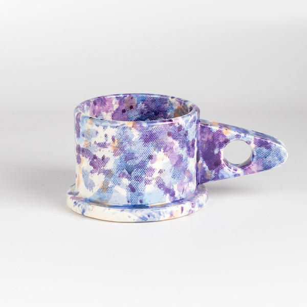 EXP Standard Splatter Mug in Purple and Blue with Peach Spot designed by Peter Shire for Echo Park Pottery.