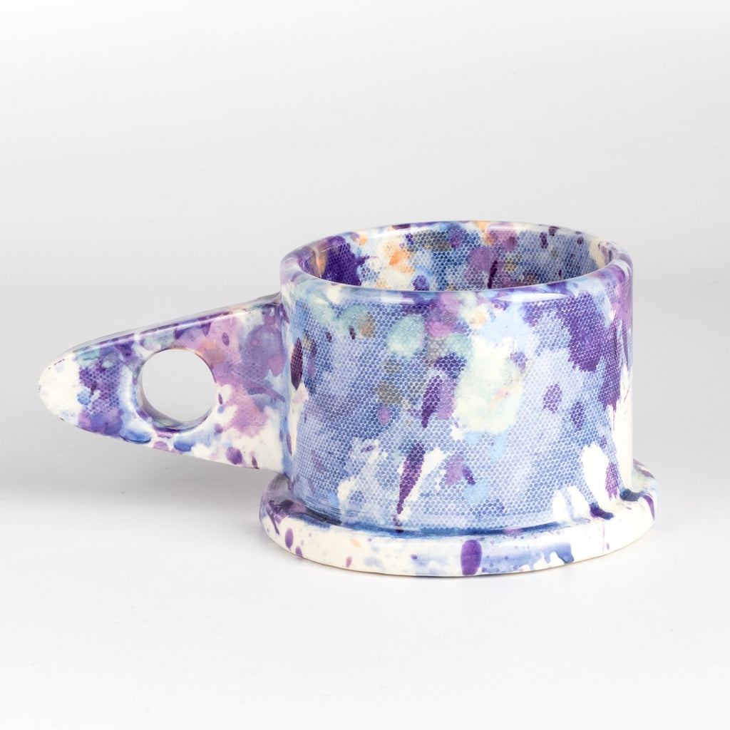 Other side of EXP Standard Splatter Mug in Purple and Blue with Peach Spot.