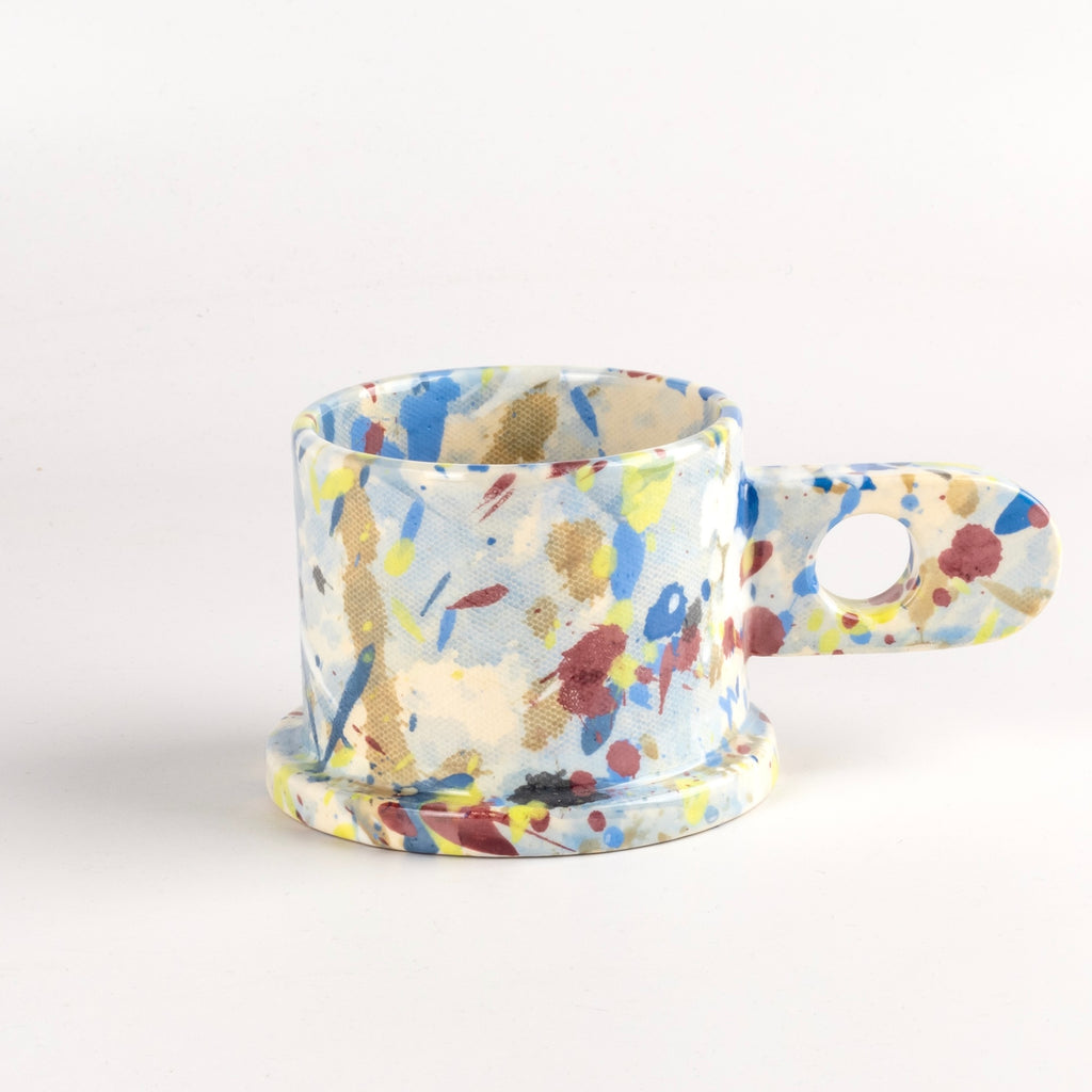 Standard EXP Standard Splatter Mug in Blue, Yellow, Beige with Burgundy Spots by Echo Park Pottery and Peter Shire.