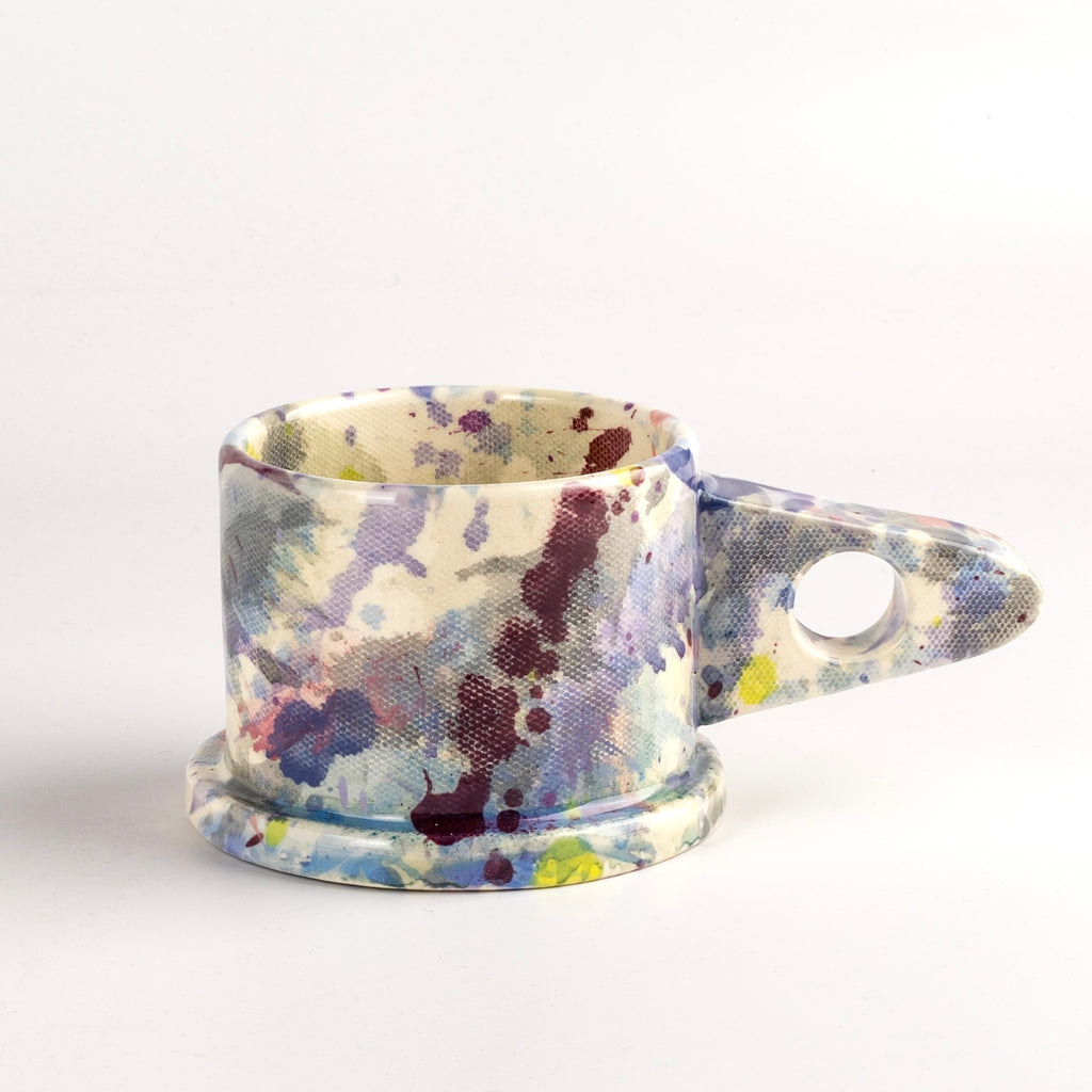 EXP Standard Splatter Mug in Plum with Purple Stripes by Peter Shire and Echo Park Pottery.