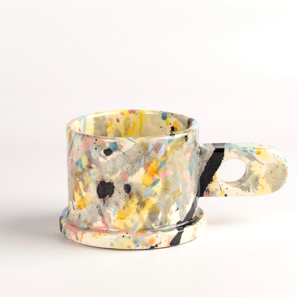 EXP Standard Splatter Mug in Pastels and Black by Peter Shire and Echo Park Pottery.