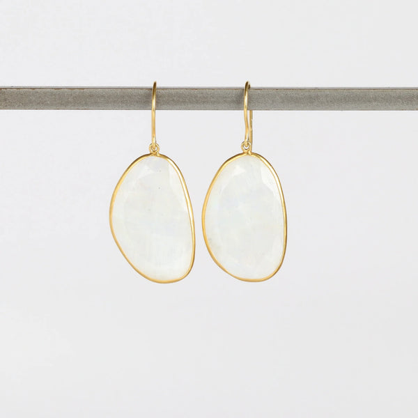First Frost Large Single Moonstone Drop Earrings by Pippa Small are translucent, lightly faceted and bezel set stones on ear wire in 18k yellow gold.
