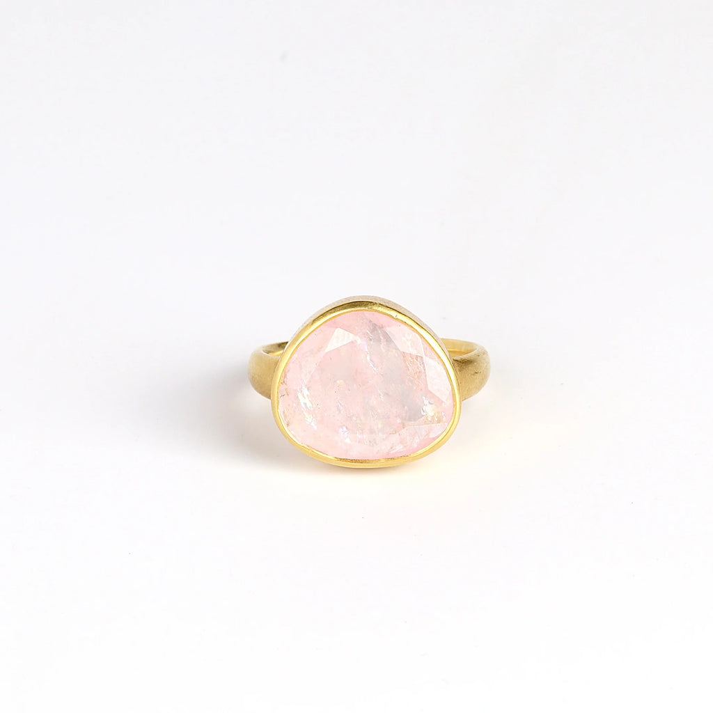 The Morganite Large  Greek Ring by Pippa Small Jewellery is an organically shaped, and hand cut, light pink, faceted and translucent morganite set in 18k yellow gold. Size 7.5 in stock.