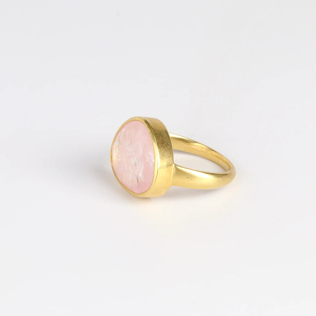 Alternate Side view of Large Greek ring in Morganite by Pippa Small.