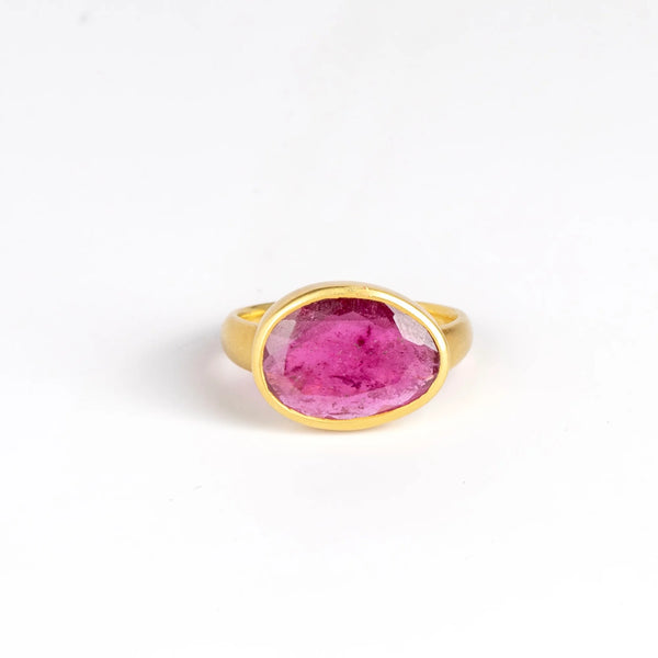 The Pink Tourmaline Large  Greek Ring by Pippa Small Jewellery is an organically shaped, and hand cut, deep pink, faceted and translucent pink tourmaline set in 18k yellow gold. Size 7 in stock.