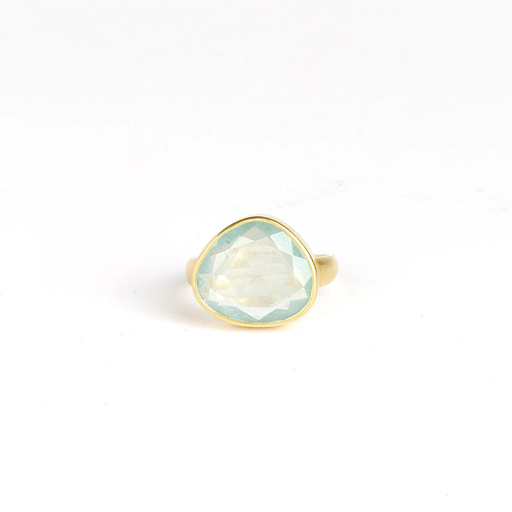 The Aquamarine Large Greek ring, designed by Pippa Small Jewellery in 18k yellow gold on white background.