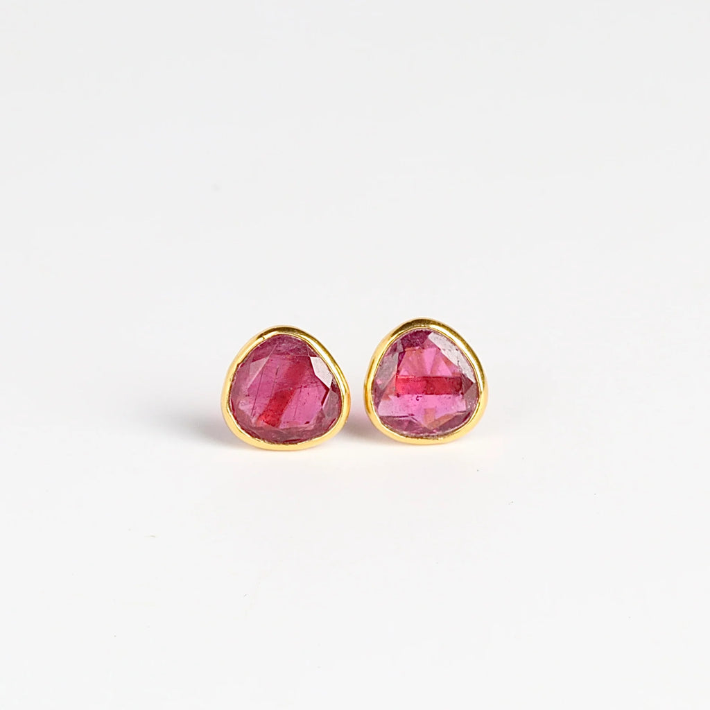 Pippa Small Classic Stud studs earrings in Pink Tourmaline and 18k yellow gold on white background.