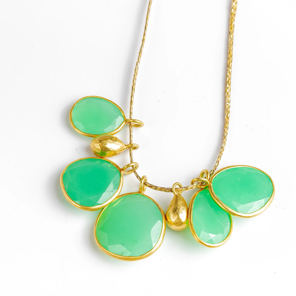 Colette Cluster Necklace in Chrysoprase on white background with Gold Drops designed by Pippa Small on white background.