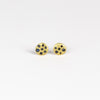 Polly Wales XS XSmall extra small Confetti Celeste Disc Stud Earrings in mid blue to navy Sapphires are classic, 18k recycled yellow gold disc earrings with blue in various shades sapphires, cast not set, cast in place and made in Los Angeles.