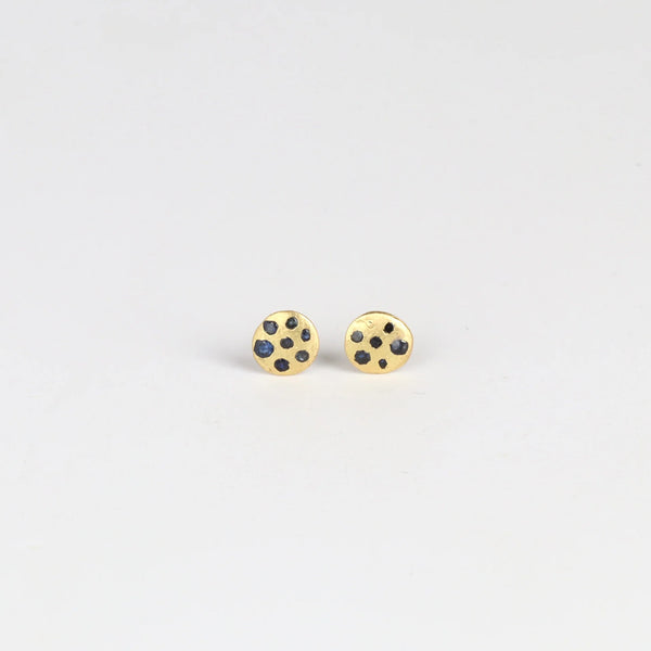 Polly Wales XS XSmall extra small Confetti Celeste Disc Stud Earrings in mid blue to navy Sapphires are classic, 18k recycled yellow gold disc earrings with blue in various shades sapphires, cast not set, cast in place and made in Los Angeles.