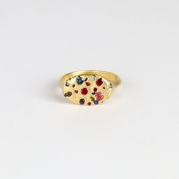 Polly Wales Elysian Ring in Rainbow sapphires (red, pink, blue, purple, green) with knife edge band in 18k recycled yellow gold that is cast not set confetti signet or pinky ring on white background.