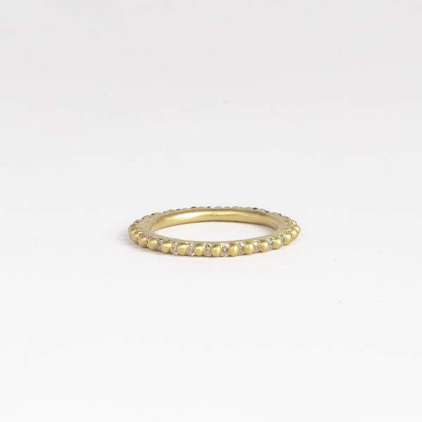 Rita Diamond Ring by Polly Wales is a Rapunzel, eternity  band with white diamonds (~.88tcw). Cast in Place. Cast not set. Handcrafted in Los Angeles.